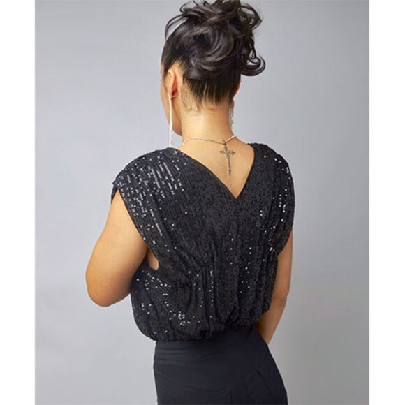 Black Sleeveless Shimmering Sequin Bodysuit - Picture 4 of 5